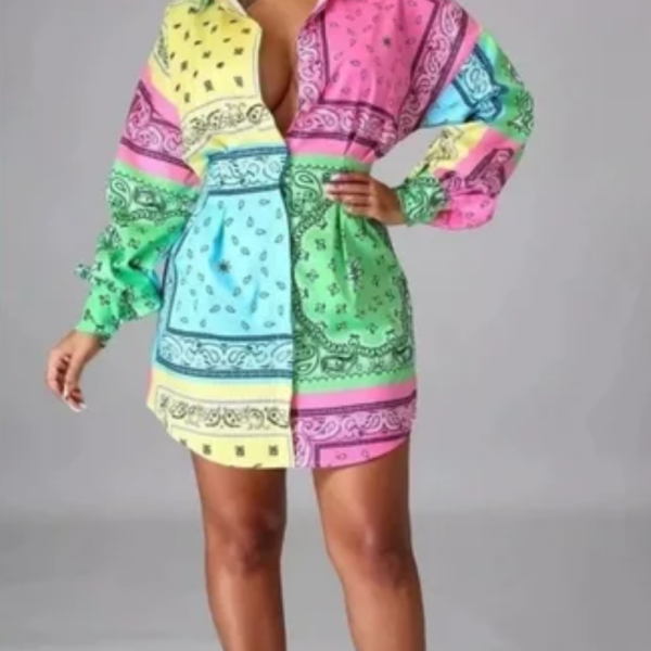 Colorful Printed Dress with Buttons and Long Sleeves