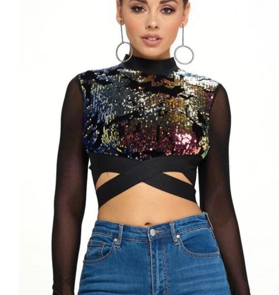 Sequin Cross-Front Crop Top with Mesh Sleeves